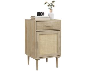 HOMCOM Bedside Table, Rattan Side Tables w/ Drawer, Cabinet & Adjustable Shelf, Boho Bedside Cabinet w/ Storage for Bedroom, Living Room, Aosom UK