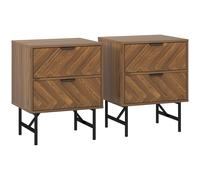 HOMCOM Bedside Table Set of 2 with 2 Drawers, Modern Side Tables with Herringbone Pattern and Metal Legs for Bedroom, Living Room, Walnut Brown