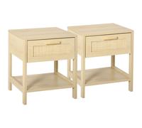 HOMCOM Bedside Table Set of 2 with Rattan Drawer, Rustic Side Tables with Storage Shelf for Bedroom, Living Room, Natural
