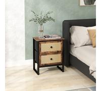 HOMCOM Bedside Table With 2 Rattan Drawers And Steel Legs - Rustic Brown | TJ Hughes