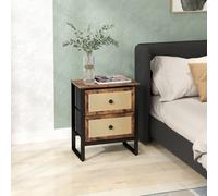 HOMCOM Bedside Table With 2 Rattan Drawers And Steel Legs - Rustic Brown | TJ Hughes
