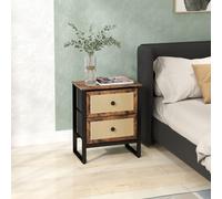 Homcom Bedside Table With 2 Rattan Drawers And Steel Legs, Rustic Brown