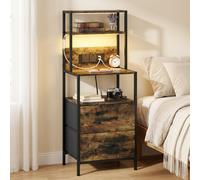 HOMCOM Bedside Table with Charging Station & LED Light Strips, Rustic Brown