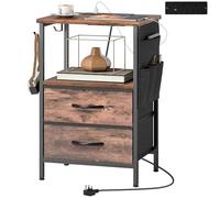 HOMCOM Bedside Table with Charging Station Slim Side Table Rustic Brown