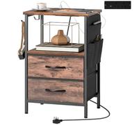 HOMCOM Bedside Table with Charging Station Slim Side Table Rustic Brown | USB-C Ports, 2 Fabric Drawers, Hooks, Storage Pouch, Bedroom, Living Room