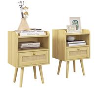 HOMCOM Bedside Tables Set of 2, Boho Styled Nightstand with Drawer, Storage Compartment and Rattan Accent, Side End Table for Bedroom, 40 x 30 x 60cm, Natural Wood Finish Natural Wood Finish