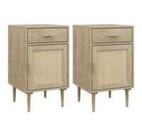 HOMCOM Bedside Tables Set of 2, Rattan Side Tables with Drawer, Cabinet and Adjustable Shelf, Boho Bedside Cabinets with Storage for Bedroom, Living Room, Natural Wood Finish