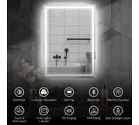 HOMCOM Bluetooth Bathroom Mirror with LED Lights, Illuminated Backlit Wall Mounted Vanity Mirror with 3 Colours Dimmable, Demister Pad, Memory Function, Touch Sensor, IP44 Silver