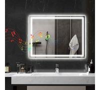 HOMCOM Bluetooth Bathroom Mirror with LED Lights, Illuminated Backlit Wall Mounted Vanity Mirror with 3 Colours Dimmable, Demister Pad, Memory Function, Touch Sensor, IP44 Silver
