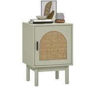 HOMCOM Boho Bedside Table with Rattan Door and Adjustable Shelf, Light Green, Green