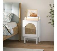 HOMCOM Boho Bedside Table with Rattan Door and Adjustable Shelf - White | TJ Hughes