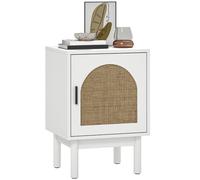 HOMCOM Boho Bedside Table with Rattan Door and Adjustable Shelf White