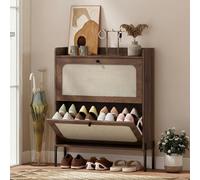 HOMCOM Boho Narrow Shoe Cabinet, Shoe Rack with 2 Flip Drawers - Dark Brown