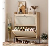 Homcom Boho Narrow Shoe Cabinet, Shoe Rack With 2 Flip Drawers In Light Brown Light Brown