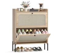 Homcom Boho Narrow Shoe Cabinet, Shoe Rack With 2 Flip Drawers, Oak