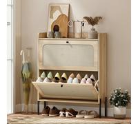 Homcom Boho Narrow Shoe Cabinet, Shoe Rack With 2 Flip Drawers In Light Brown Light Brown