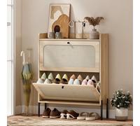 Homcom Boho Narrow Shoe Cabinet, Shoe Rack With 2 Flip Drawers In Light Brown Light Brown