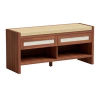 HOMCOM Boho Shoe Bench with 2 Rattan Drawers, Shoe Storage Bench with Cushioned Seat and Open Shelf Brown