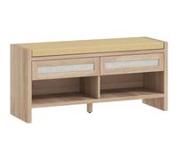 HOMCOM Boho Shoe Bench with 2 Rattan Drawers, Shoe Storage Bench with Cushioned Seat and Open Shelf Oak Wood Effect