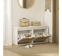 HOMCOM Boho Shoe Bench with Padded Seat and 2 Flip-Drawers, Light Green - White, Beige - MDF, Particle Board, Linen, Sponge - 1