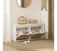 HOMCOM Boho Shoe Bench with Padded Seat and 2 Flip-Drawers, White, White