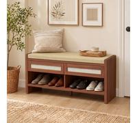 HOMCOM Shoe Bench with 2 Rattan Drawers Cushion Brown