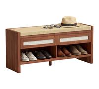 HOMCOM Shoe Bench with 2 Rattan Drawers Cushion Brown