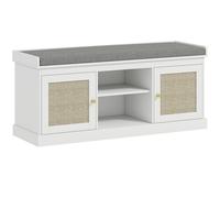 HOMCOM Boho Shoe Storage Bench with Padded Cushion and Rattan Doors - White