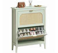 Homcom Boho Slim Shoe Cabinet With Rattan Doors, Holds 14 Pairs, Green