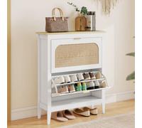 Homcom Boho Slim Shoe Cabinet With Rattan Doors, Holds 14 Pairs, White