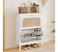 HOMCOM Boho Slim Shoe Cabinet with Rattan Doors, Holds 14 Pairs, White