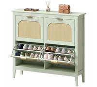 Homcom Boho Slim Shoe Cabinet With Rattan Doors, Holds 20 Pairs, Green In Light Green Light Green