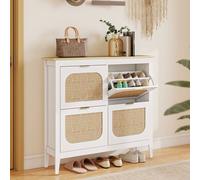 HOMCOM Boho Slim Shoe Cabinet with Rattan Doors, Holds 20 Pairs, White HOMCOM White