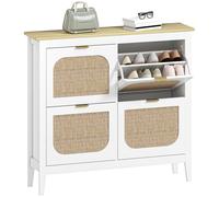 HOMCOM Boho Slim Shoe Cabinet with Rattan Doors, Holds 20 Pairs, White, White
