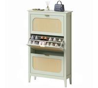 Homcom Boho Slim Shoe Cabinet With Rattan Doors, Holds 21 Pairs, Green