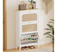 HOMCOM Boho Slim Shoe Cabinet with Rattan Doors, Holds 21 Pairs, White
