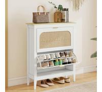 HOMCOM Boho Slim Shoe Cabinet with Rattan Doors, Holds Pairs, White - 80 x 24 x 95.5 cm