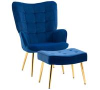 HOMCOM Button Tufted Armchair with Footstool and Gold Legs - Blue - Steel, Foam, Velvet(100% polyester)
