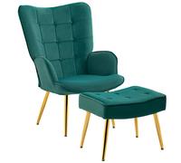 HOMCOM Button Tufted Armchair with Footstool and Gold Legs - Green - Steel, Foam, Velvet(100% polyester)