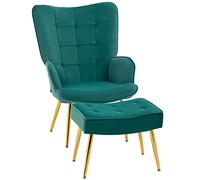HOMCOM Button Tufted Armchair with Footstool and Gold Legs - Green - Steel, Foam, Velvet(100% polyester)