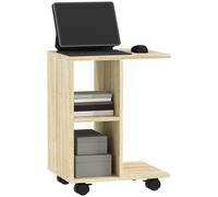 HOMCOM C-Shape End Table Storage Unit w/ 2 Shelves 4 Wheels Home Office Black - Natural wood finish