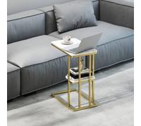Homcom C-Shaped Narrow Side Table, End Table With Shelf, White Marble Grain White One Size