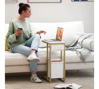 HOMCOM C Shaped Side Table, Faux Marble Bedside Table with Charging Station, White