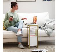 Homcom C Shaped Side Table, Faux Marble Bedside Table With Charging Station In White White One Size
