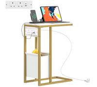 HOMCOM C Shaped Side Table, Faux Marble Bedside Table with Charging Station
