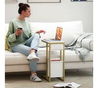 HOMCOM C Shaped Side Table, Faux Marble Bedside Table with Charging Station, White