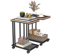 HOMCOM C Shaped Side Table Set of 2 with Wheels, Mobile End Table, Laptop Stand with Metal Frame and Storage Shelf, Rustic Brown
