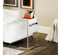 HOMCOM C-Shaped Side Table with Charging Station, Modern Bedside Table, White