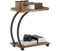 HOMCOM C Shaped Side Table with Storage, Mobile 2-Tier Bedside Table with Tray Top, Wheels, Steel Frame for Living Room, Bedroom, Brown Brown