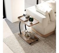 HOMCOM C Shaped Side Table with Storage & Wheels for Living Room, Brown - Brown